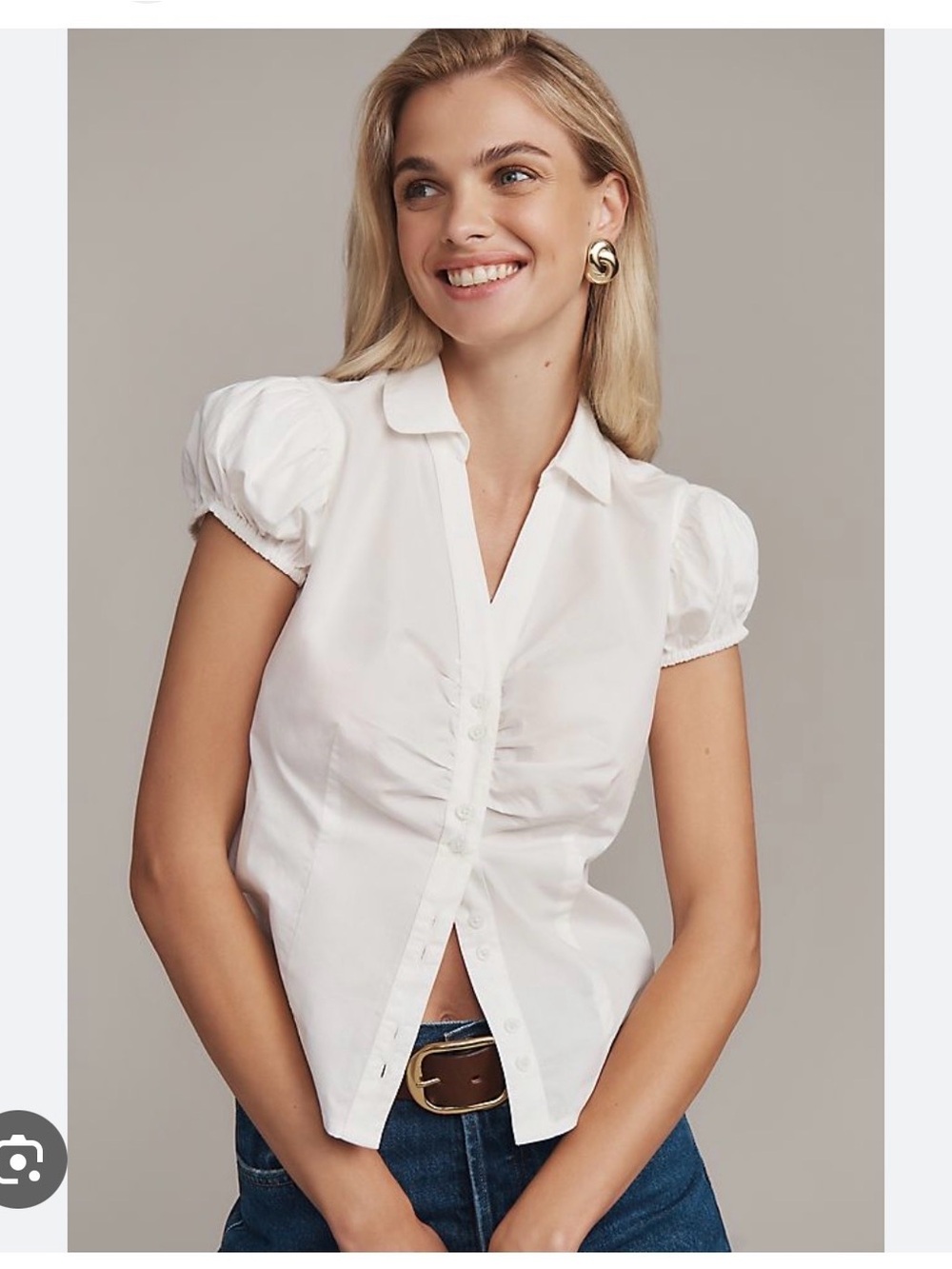 Anthropologie Maeve White Puff-Sleeve Button-Up Blouse